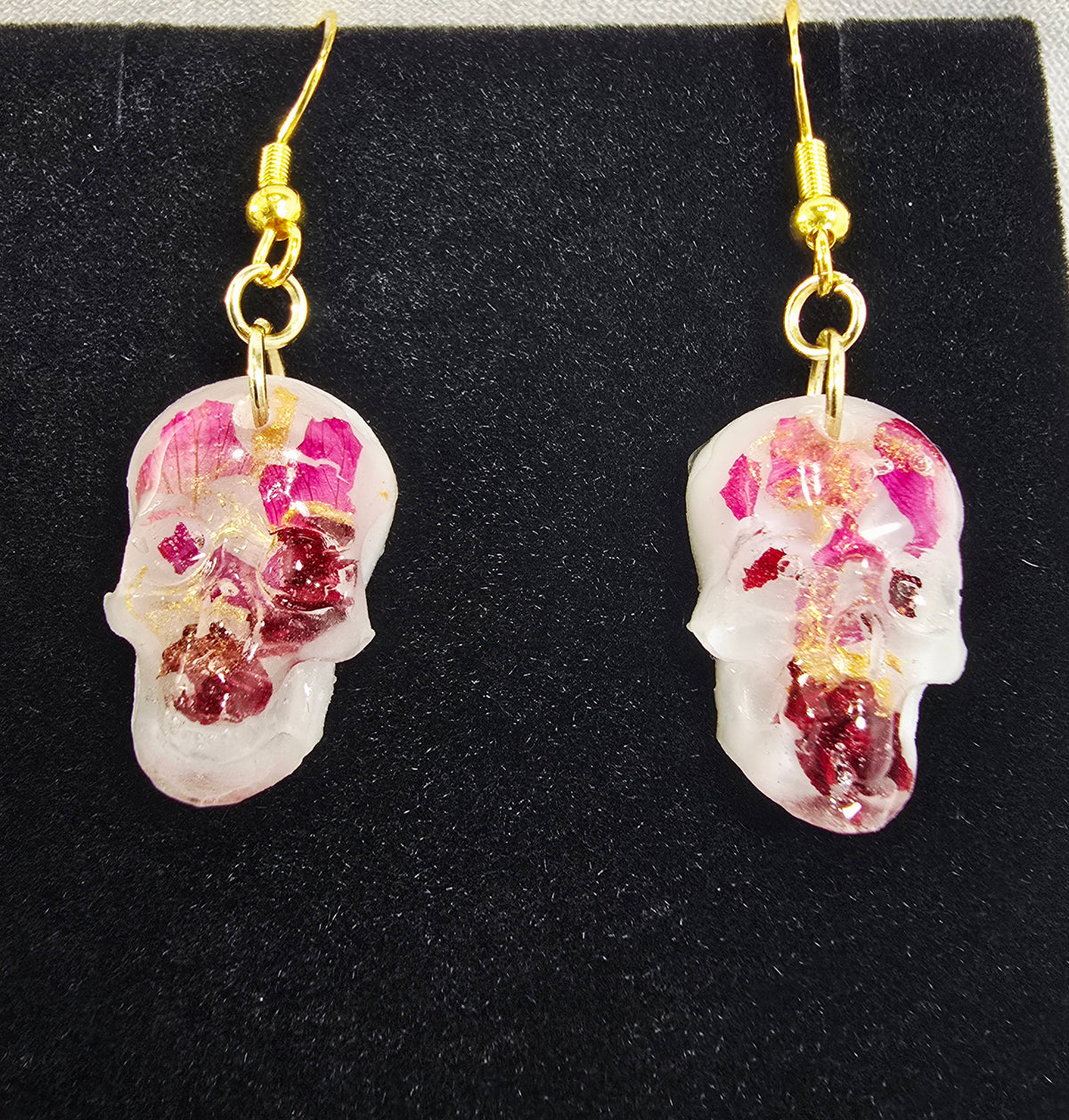 Skull Hook Earrings with Real Rose Petal