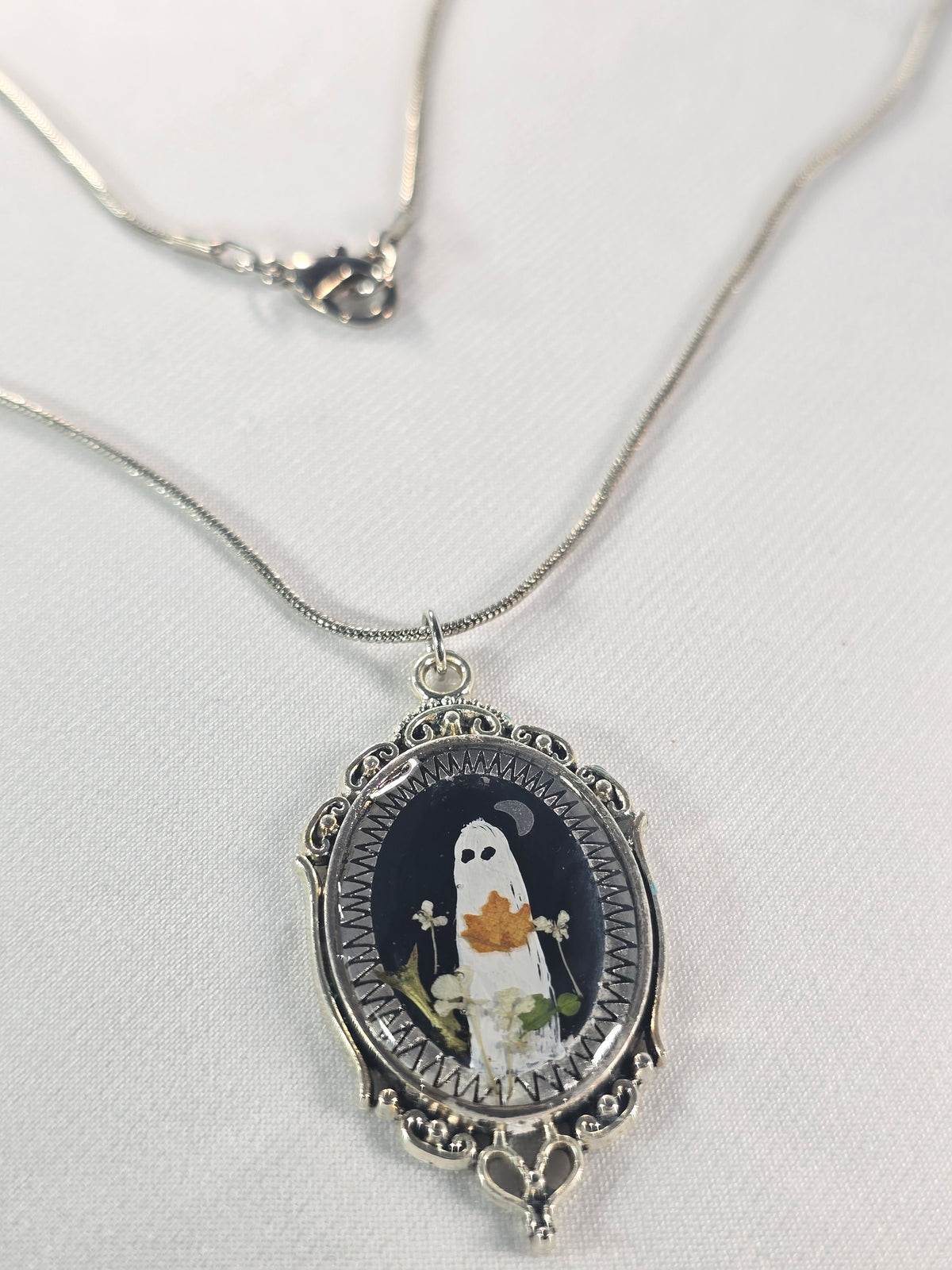Fall Night Ghostie |Original Mini Artwork Necklace - Silver
