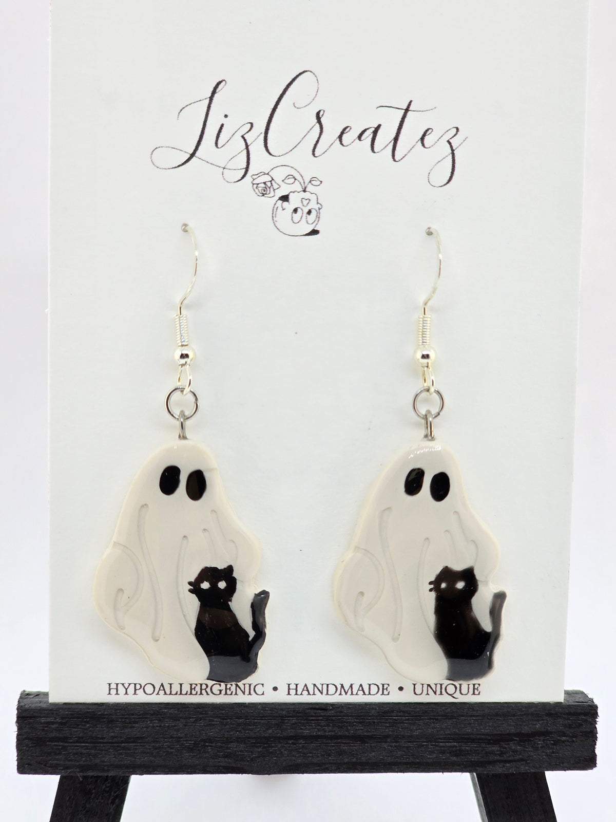 Ghostie & Black Cat Earrings | Polymer Clay, Choose Green or White Eyes