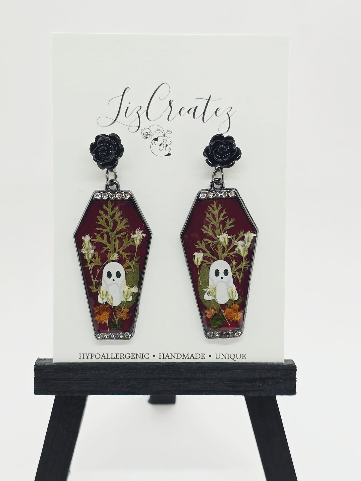 Ghostie Coffin Earrings | Real Pressed Flowers & Rhinestone Trim