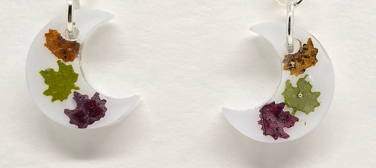 Mini Maple Leaf Moon Earrings | Real Fall Leaves on Silver V-Hooks