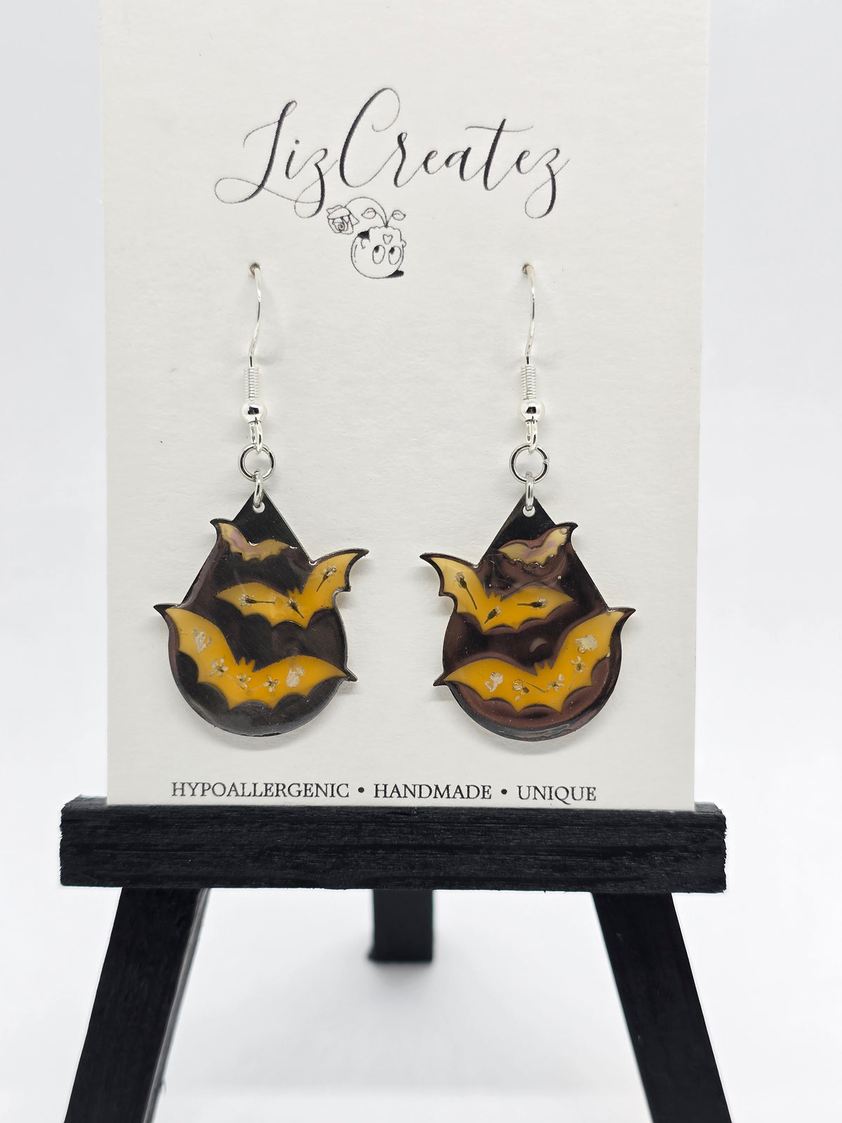 Bat Earrings | Orange Resin with Real Flowers, Silver Open-Back Bezel