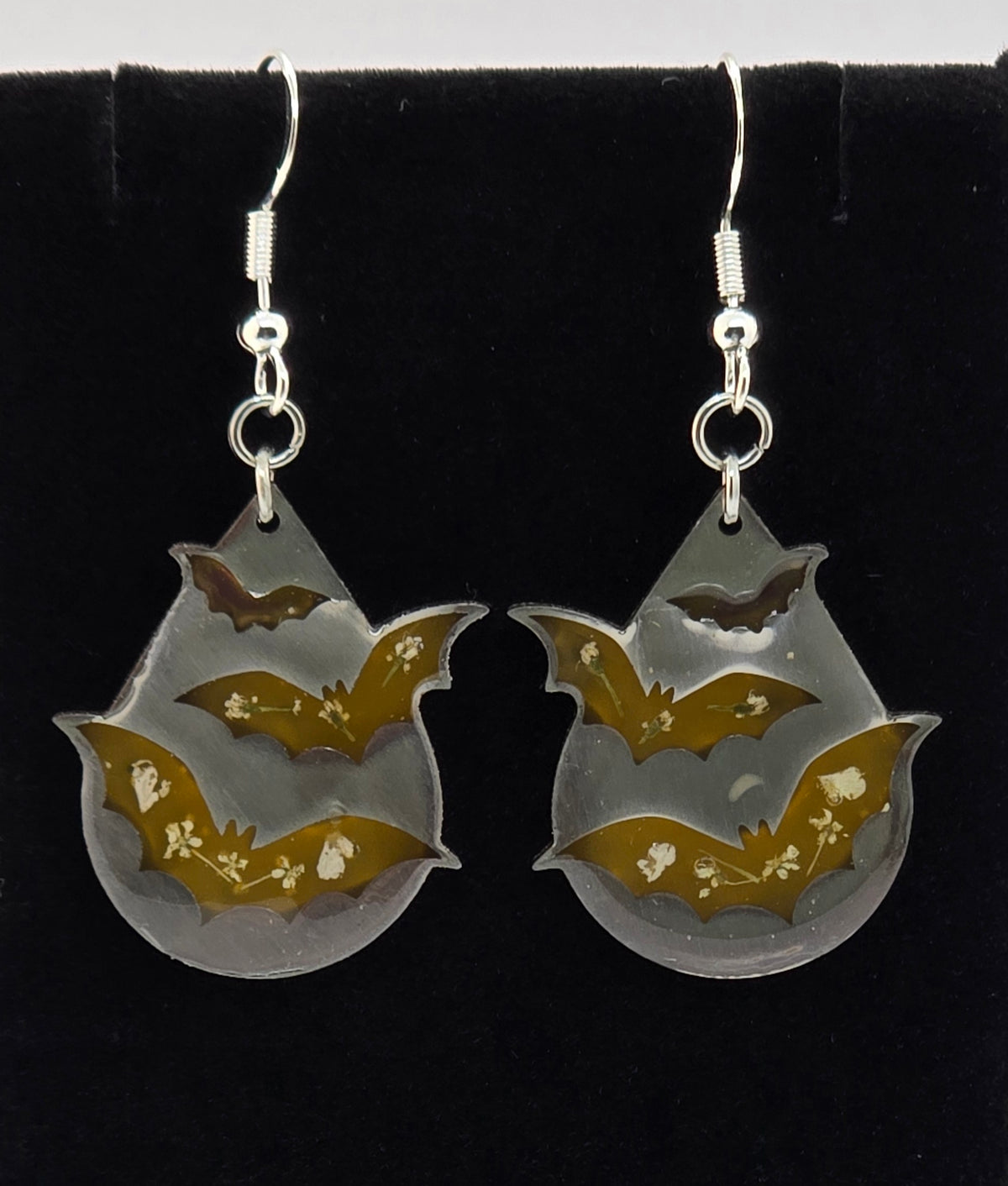 Bat Earrings | Orange Resin with Real Flowers, Silver Open-Back Bezel