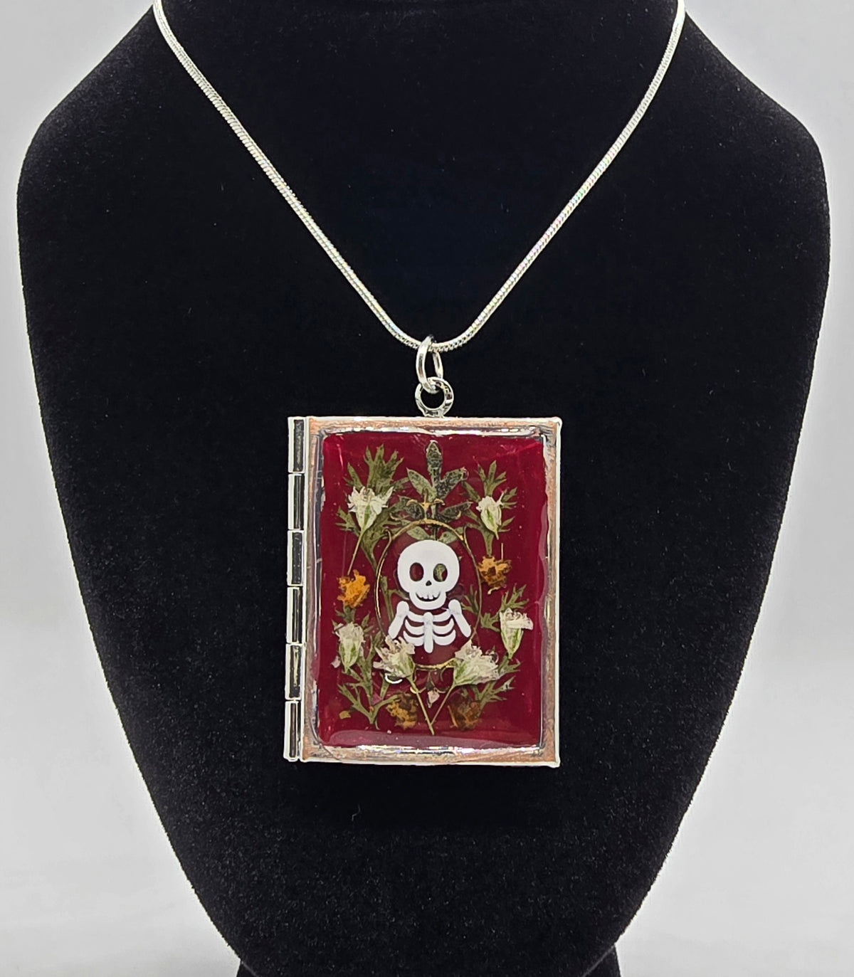 Skeleton Book Locket Necklace | Real Fall Leaves & Flowers, Opens to Hold Photos