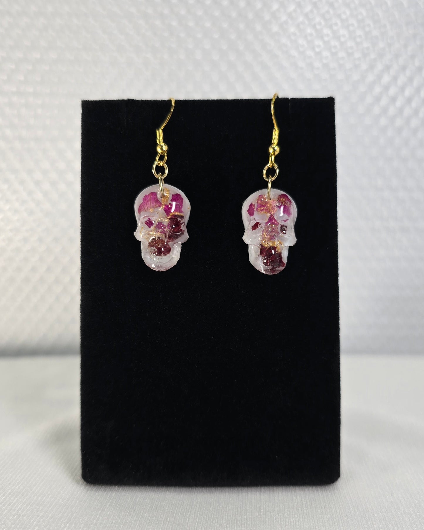 Skull Hook Earrings with Real Rose Petal