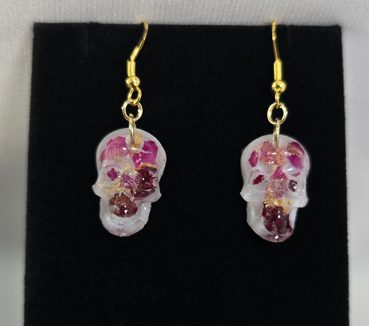 Skull Hook Earrings with Real Rose Petal