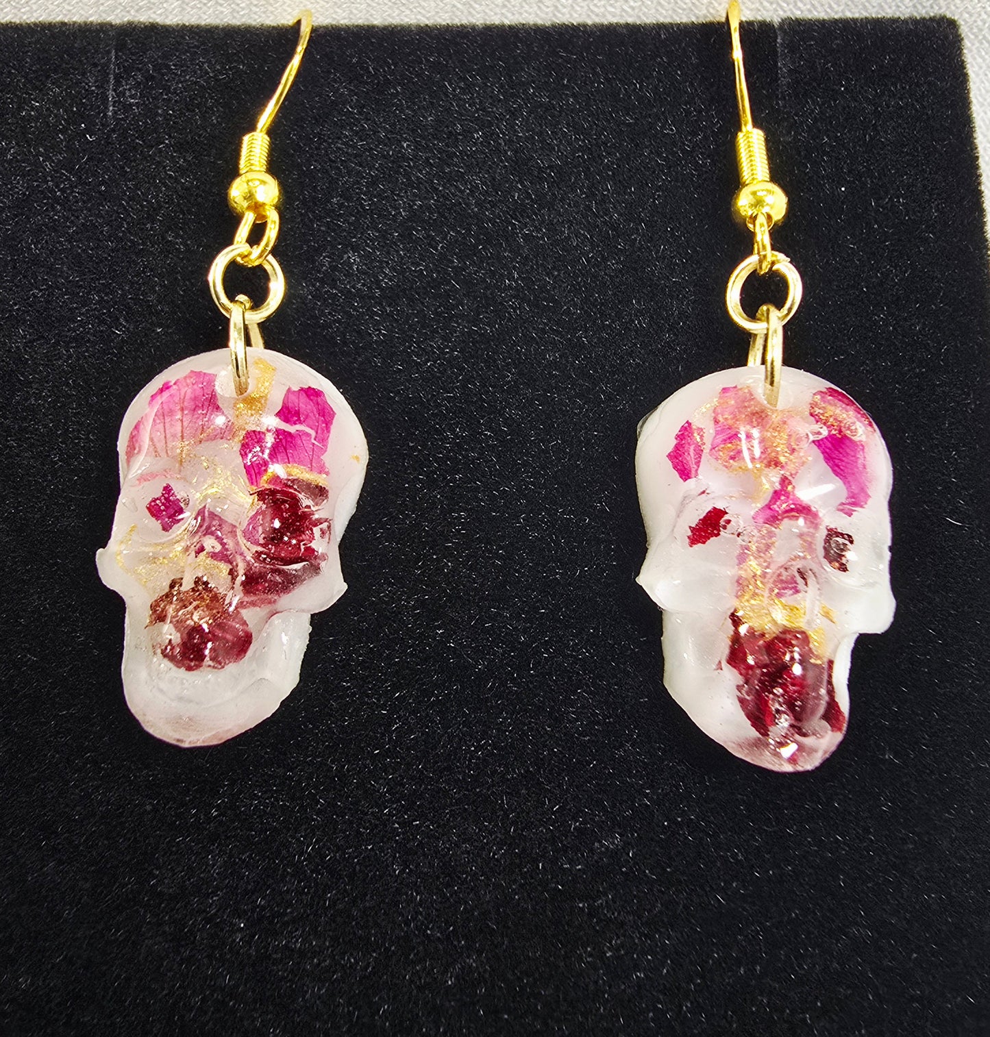 Skull Hook Earrings with Real Rose Petal