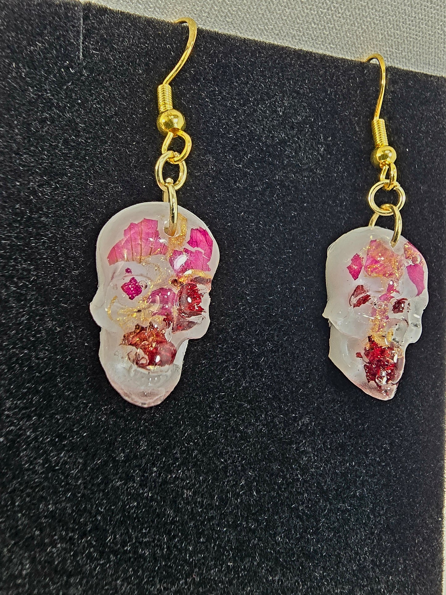 Skull Hook Earrings with Real Rose Petal
