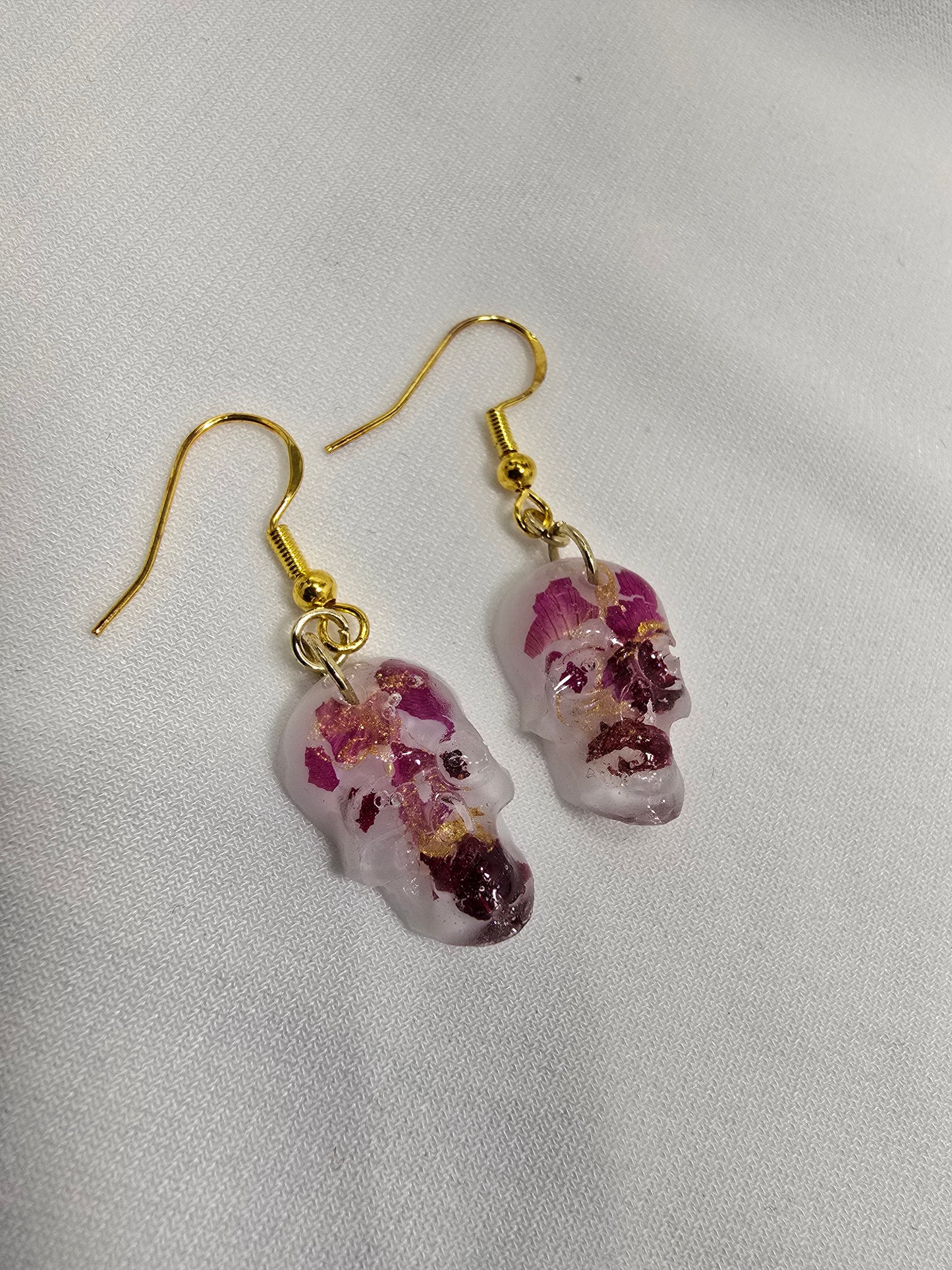 Skull Hook Earrings with Real Rose Petal
