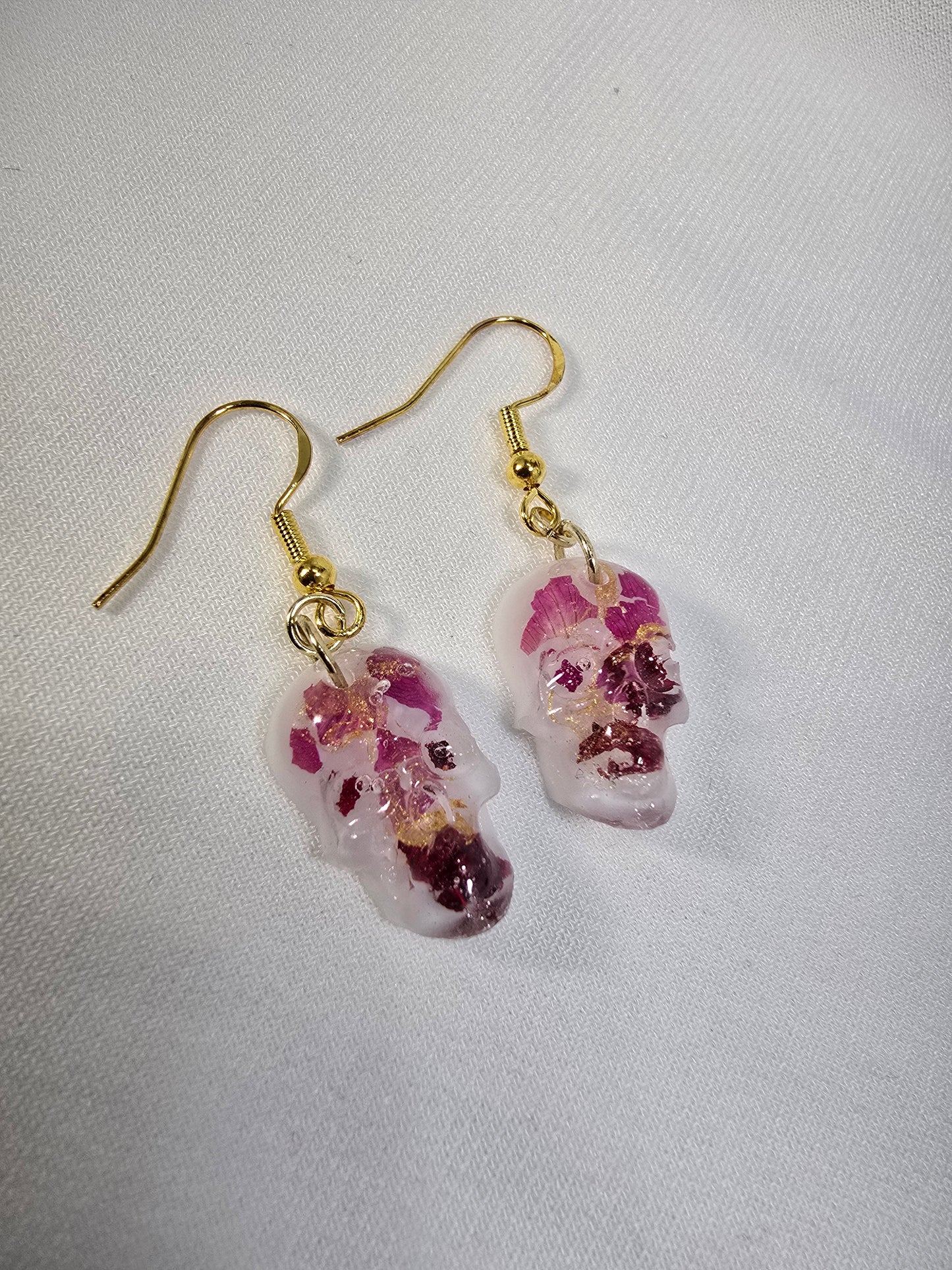 Skull Hook Earrings with Real Rose Petal