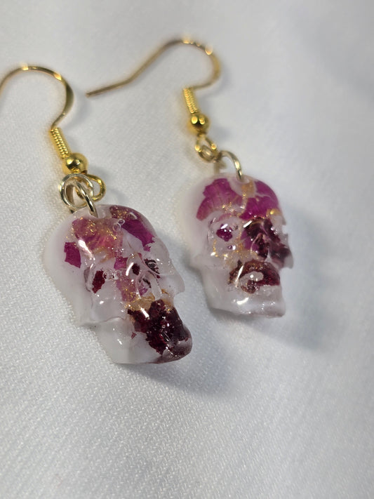 Skull Hook Earrings with Real Rose Petal
