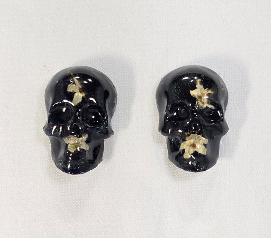 Skull Stud Earrings with real Tiny White Flowers