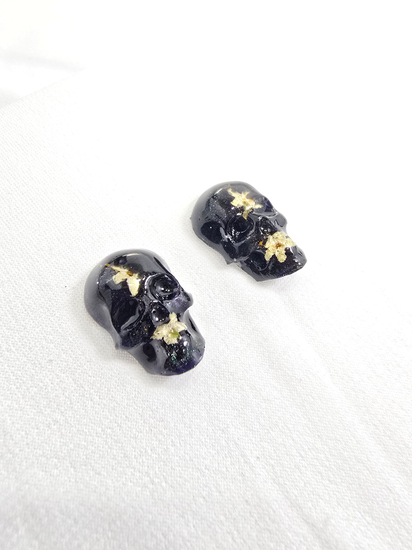 Skull Stud Earrings with real Tiny White Flowers