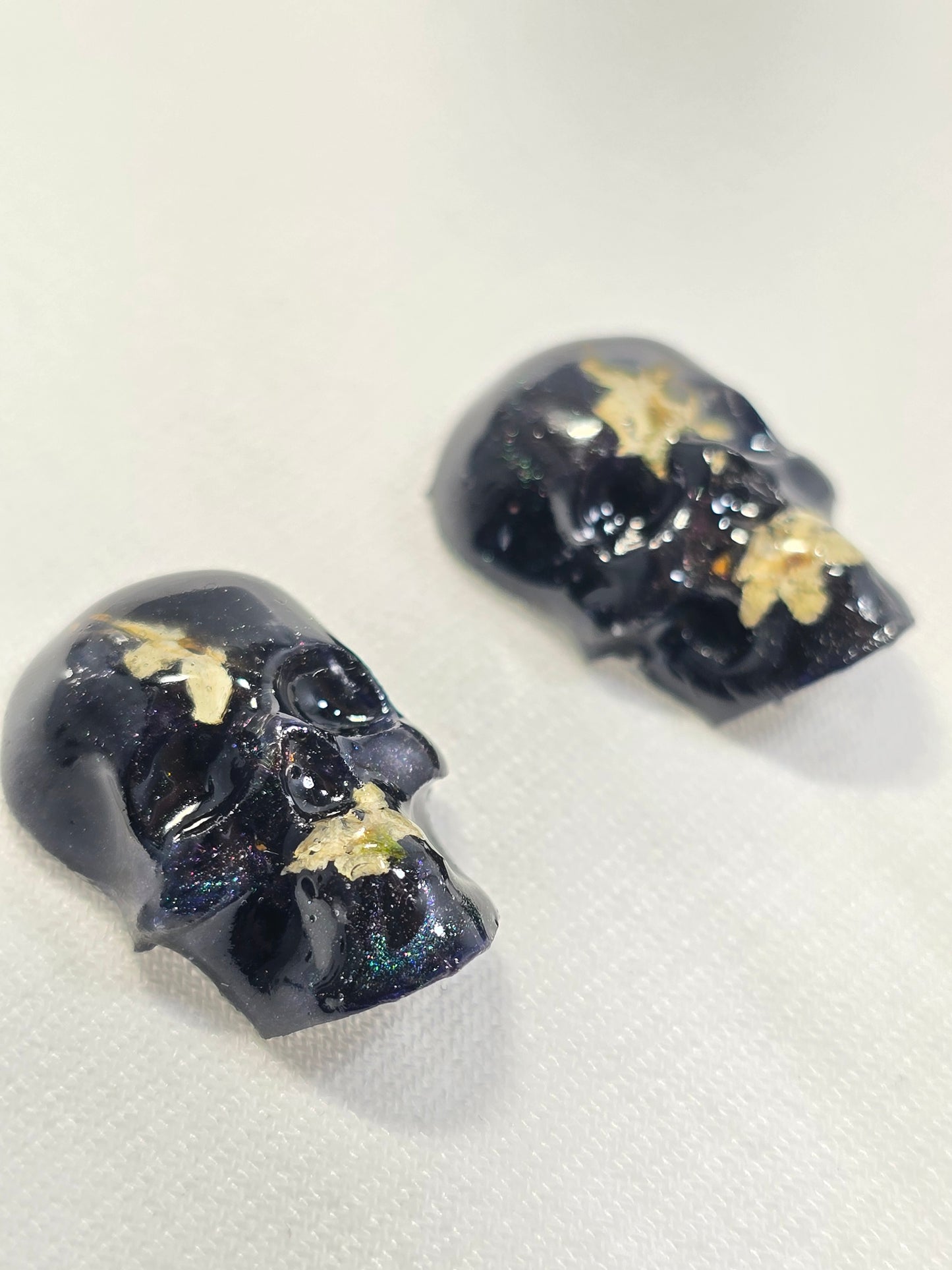 Skull Stud Earrings with real Tiny White Flowers