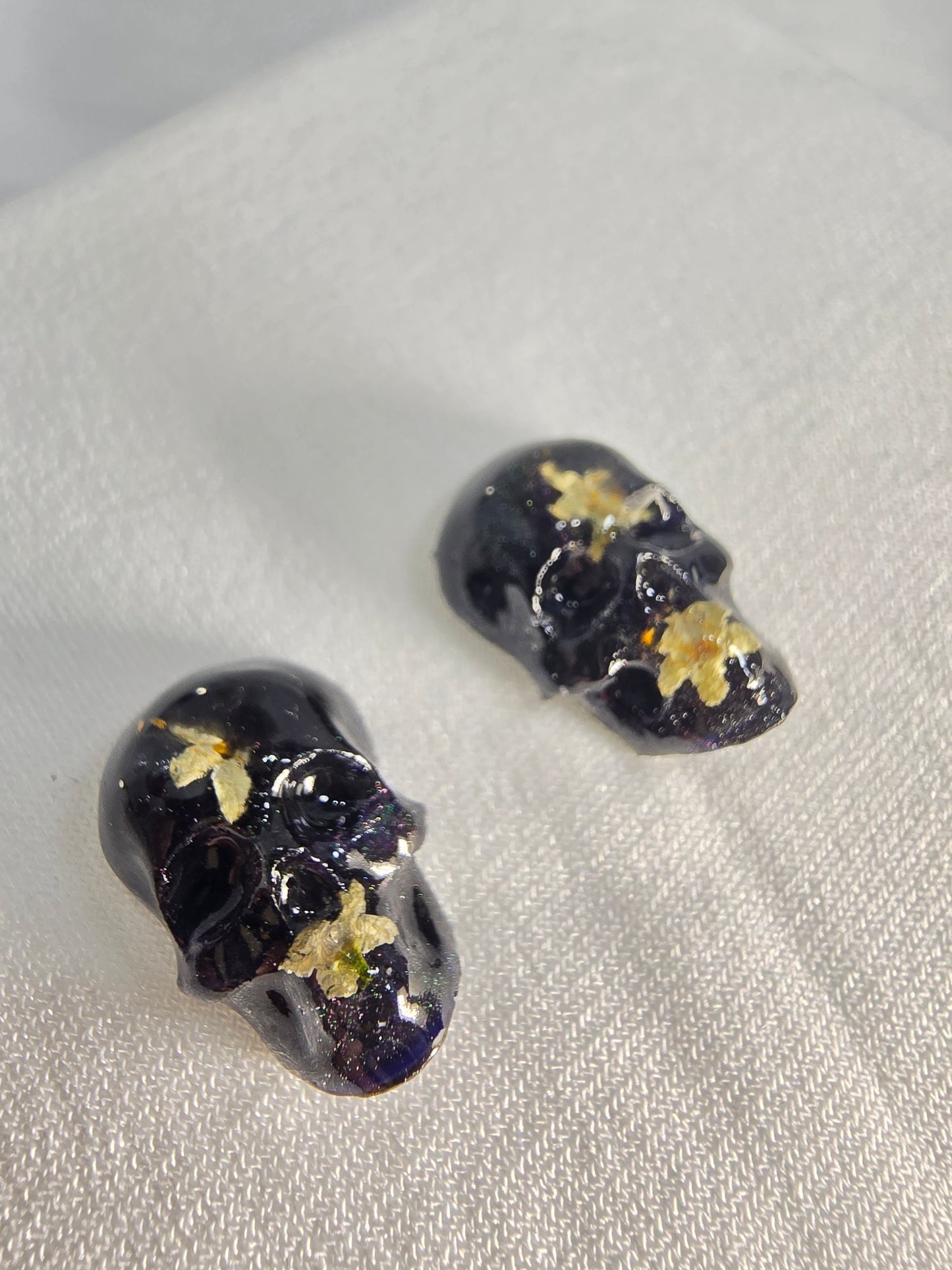 Skull Stud Earrings with real Tiny White Flowers