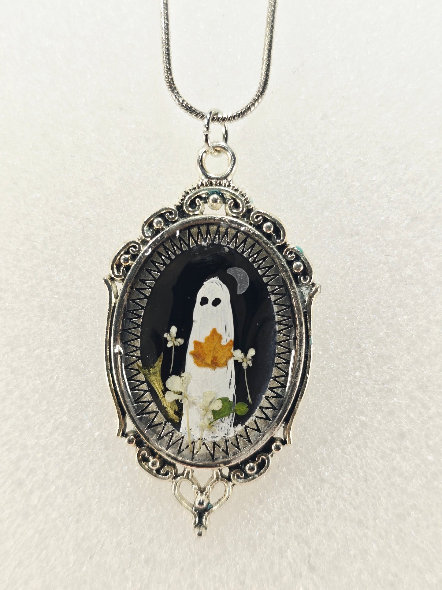 Fall Night Ghostie |Original Mini Artwork Necklace - Silver