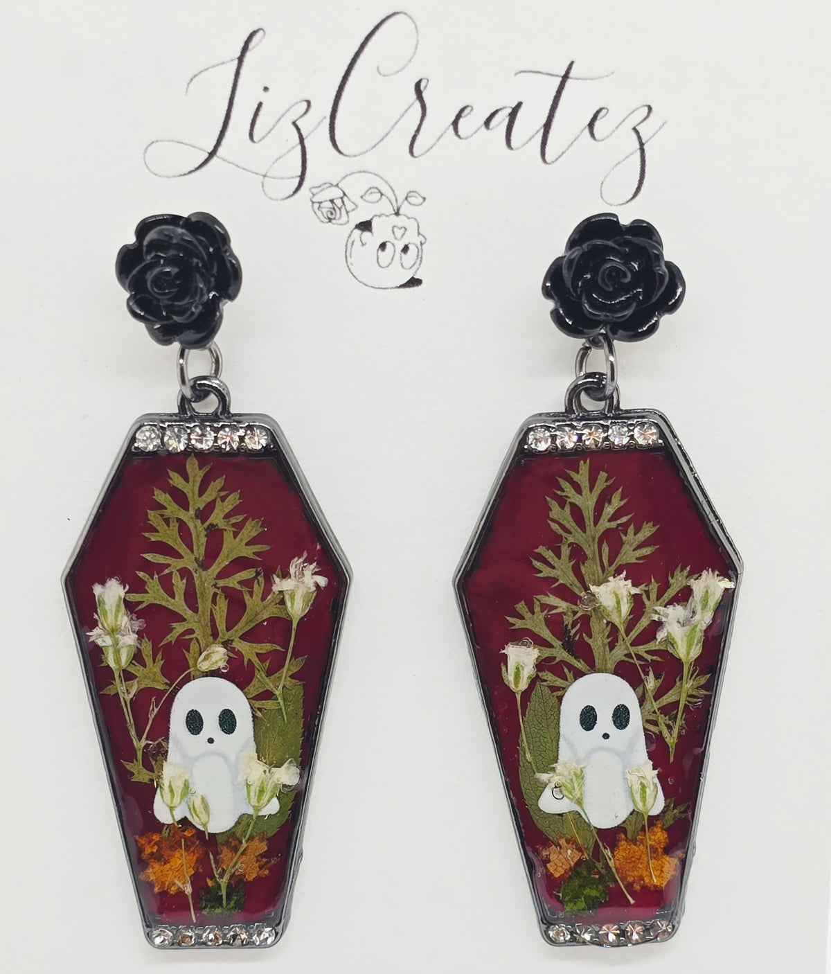 Ghostie Coffin Earrings | Real Pressed Flowers & Rhinestone Trim