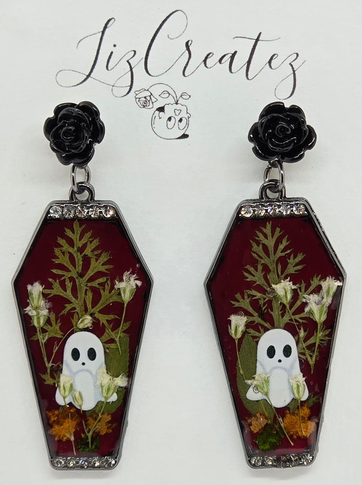 Ghostie Coffin Earrings | Real Pressed Flowers & Rhinestone Trim