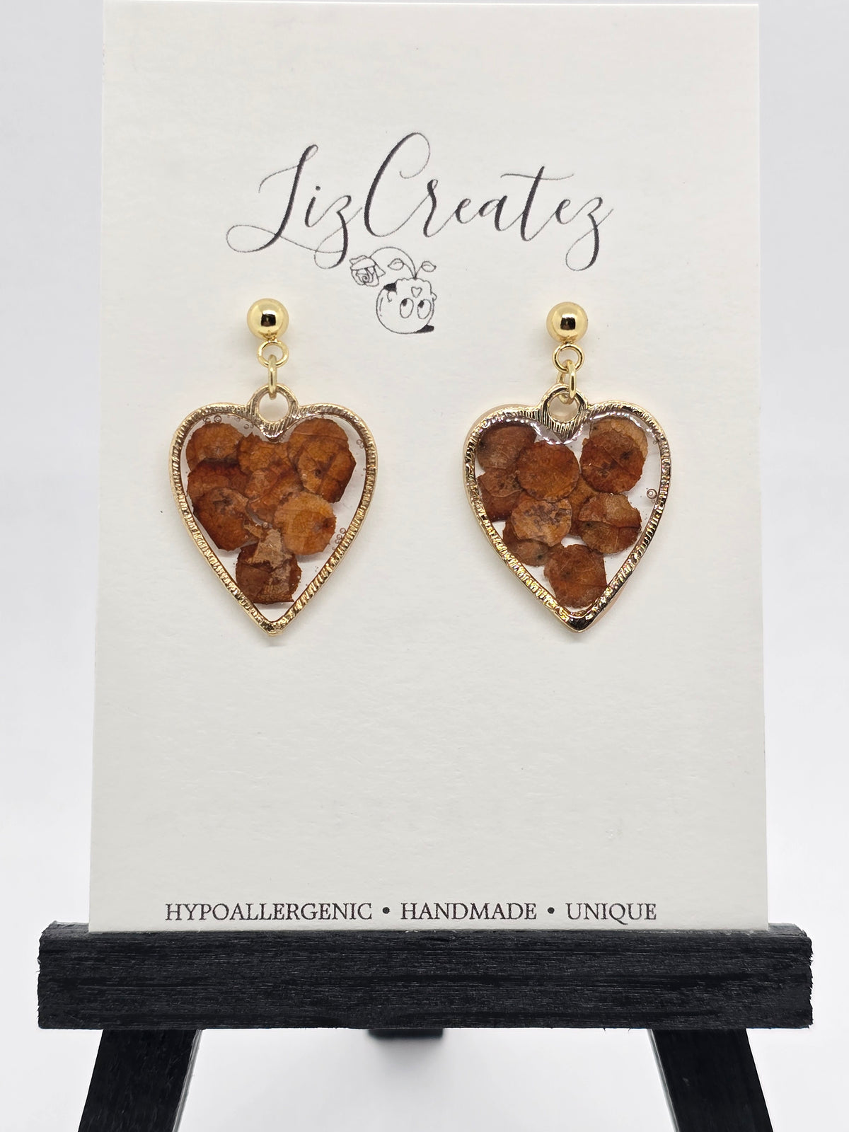 Circle and heart stud earrings with real preserved fall leaves in gold hypoallergenic settings