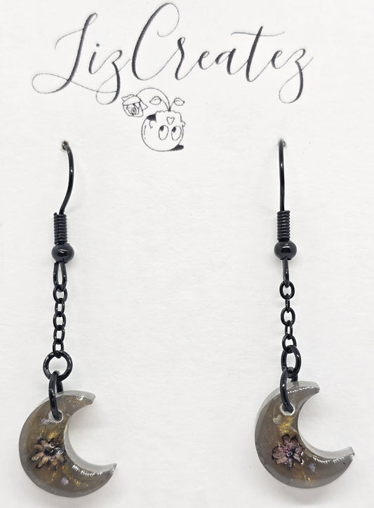 Dark mini moon-shaped earrings on sleek black hypoallergenic hooks