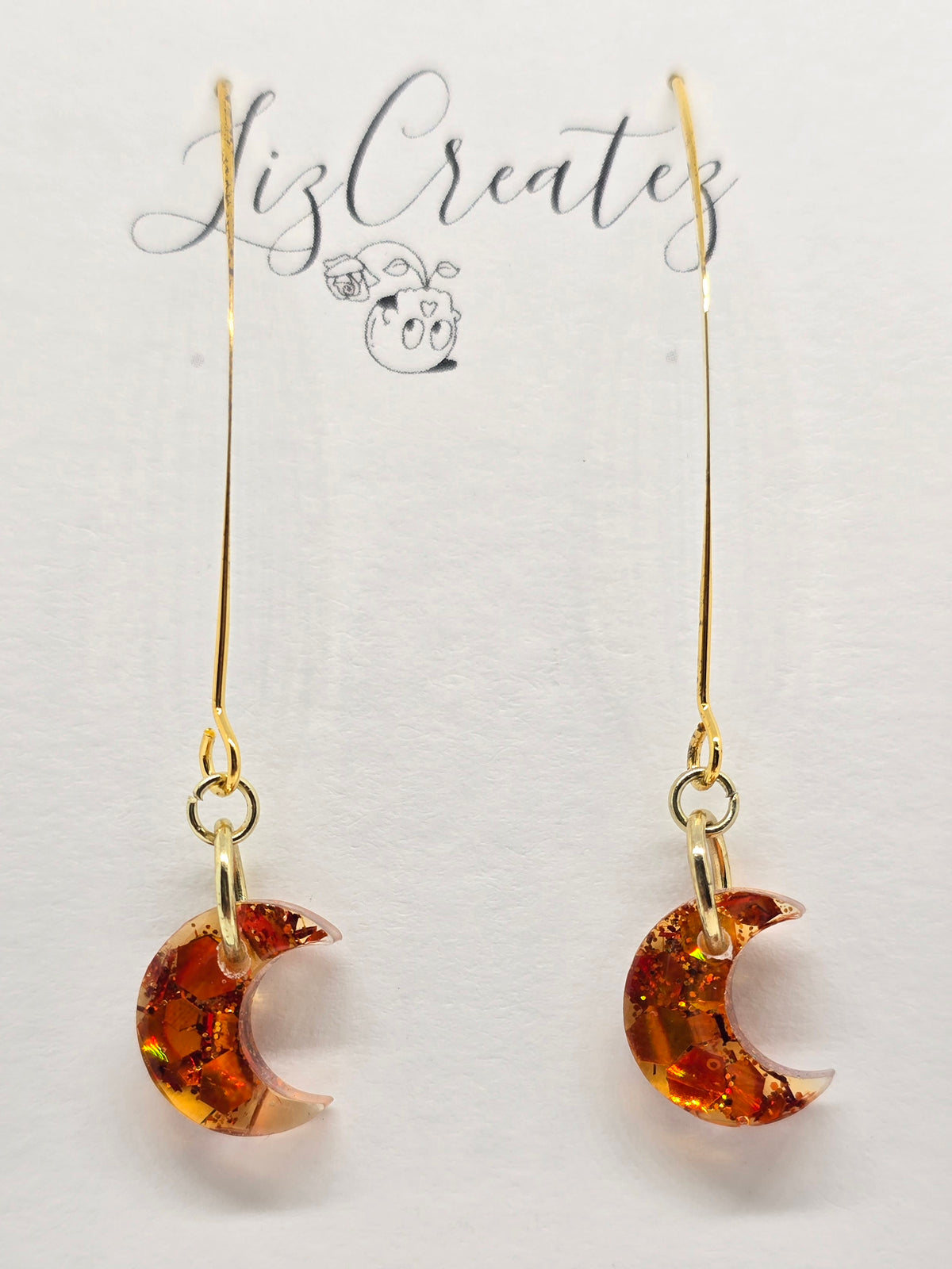 Magical Mini Fall Moon Earrings | Orange Glitter Resin on Gold V-Hooks