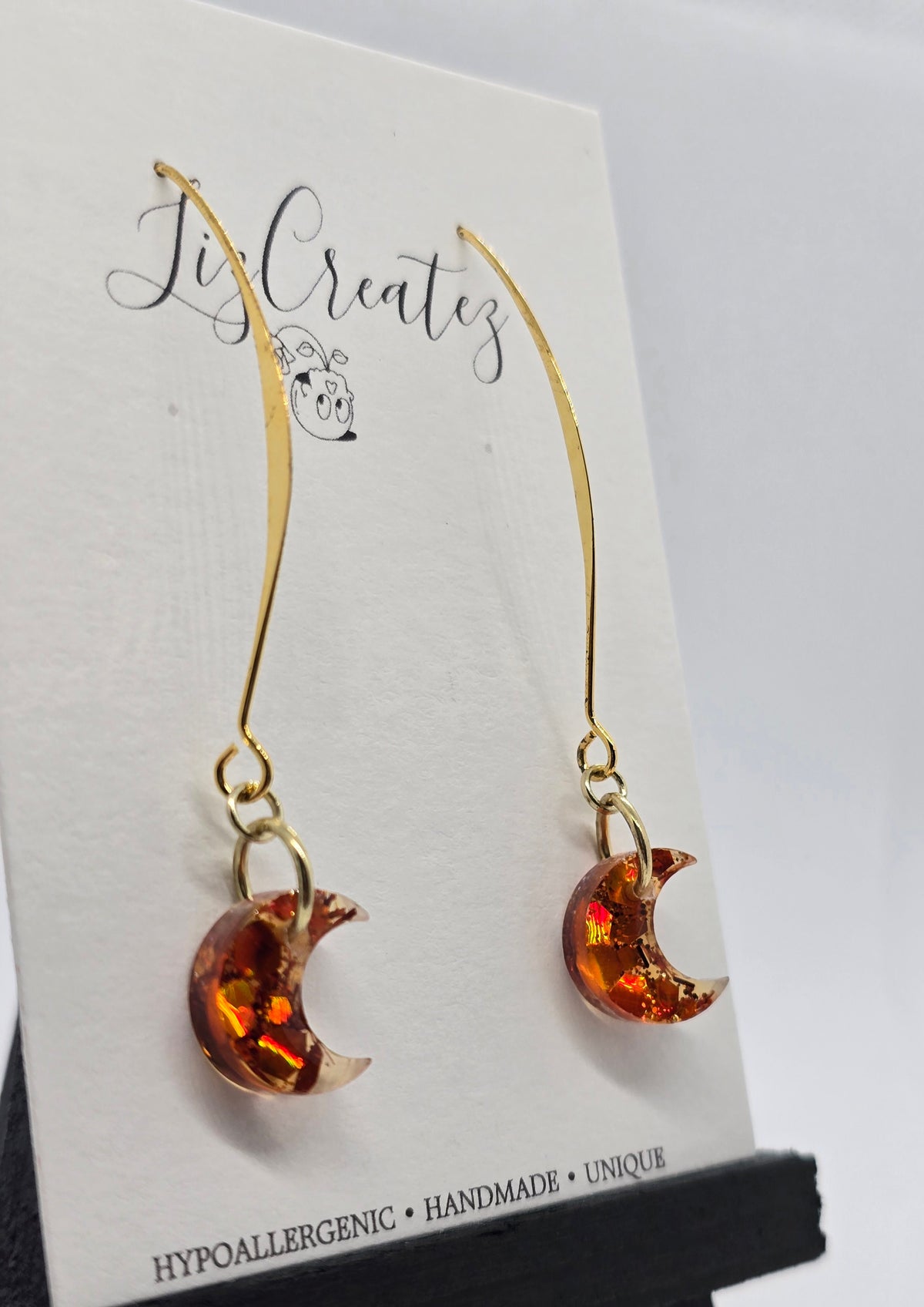 Magical Mini Fall Moon Earrings | Orange Glitter Resin on Gold V-Hooks