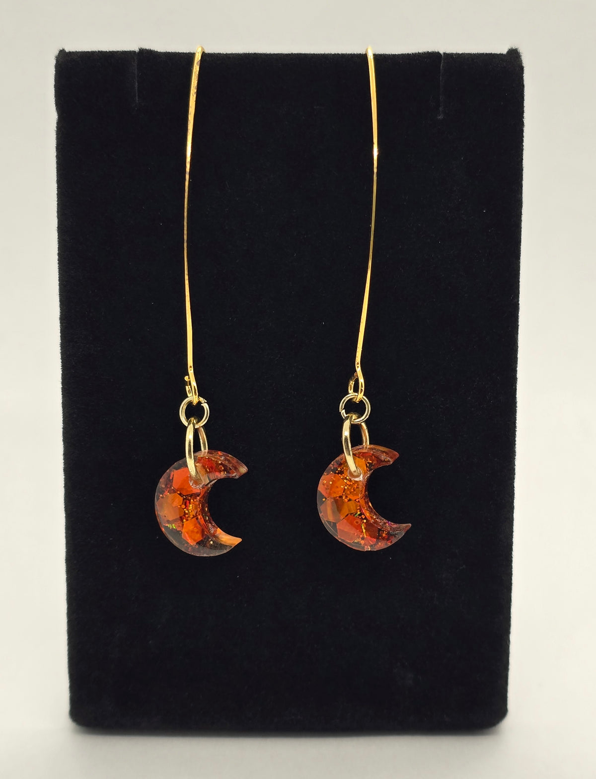 Magical Mini Fall Moon Earrings | Orange Glitter Resin on Gold V-Hooks