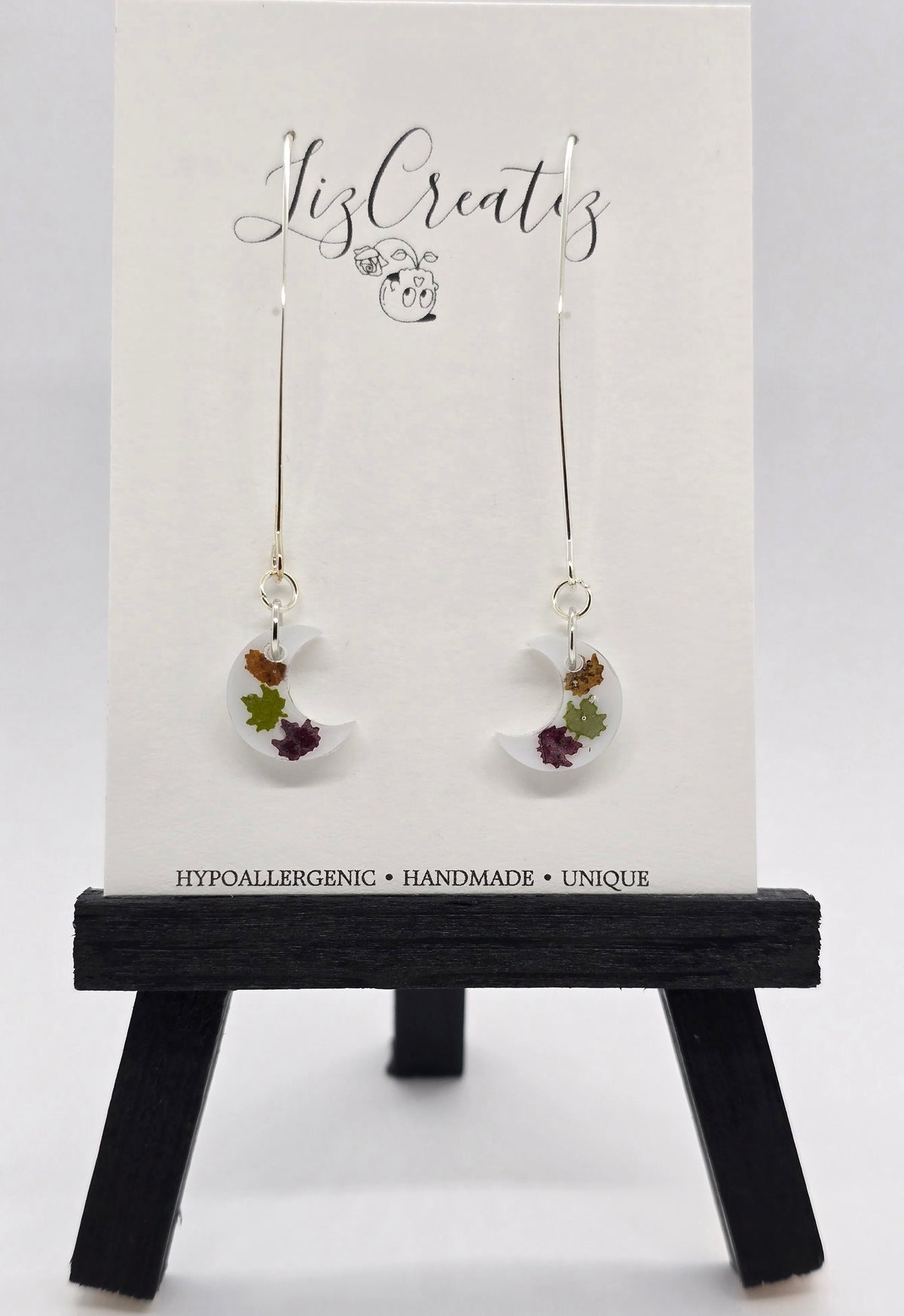 Mini Maple Leaf Moon Earrings | Real Fall Leaves on Silver V-Hooks
