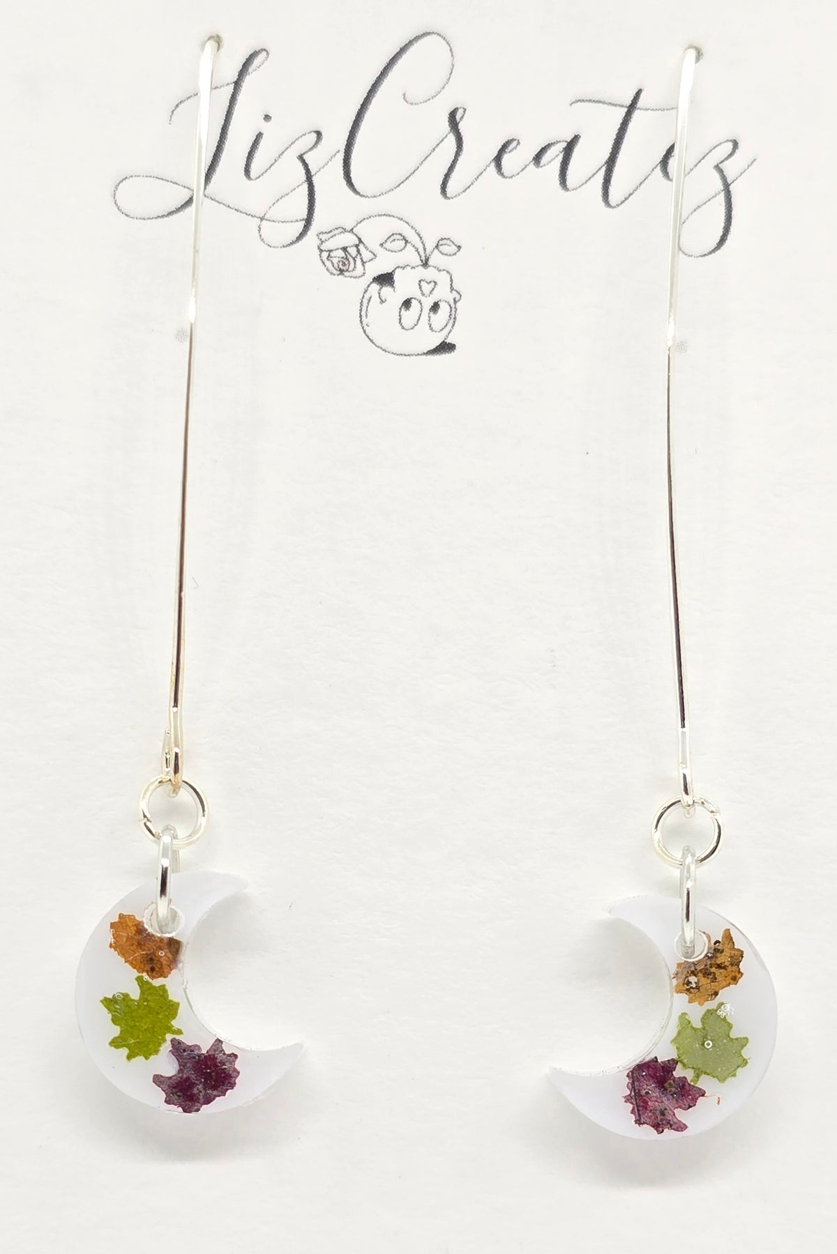 Mini Maple Leaf Moon Earrings | Real Fall Leaves on Silver V-Hooks