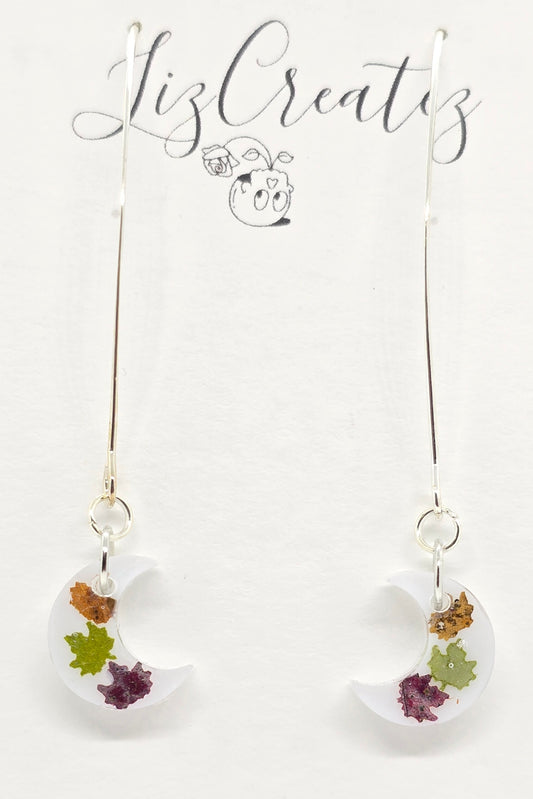 Mini Maple Leaf Moon Earrings | Real Fall Leaves on Silver V-Hooks