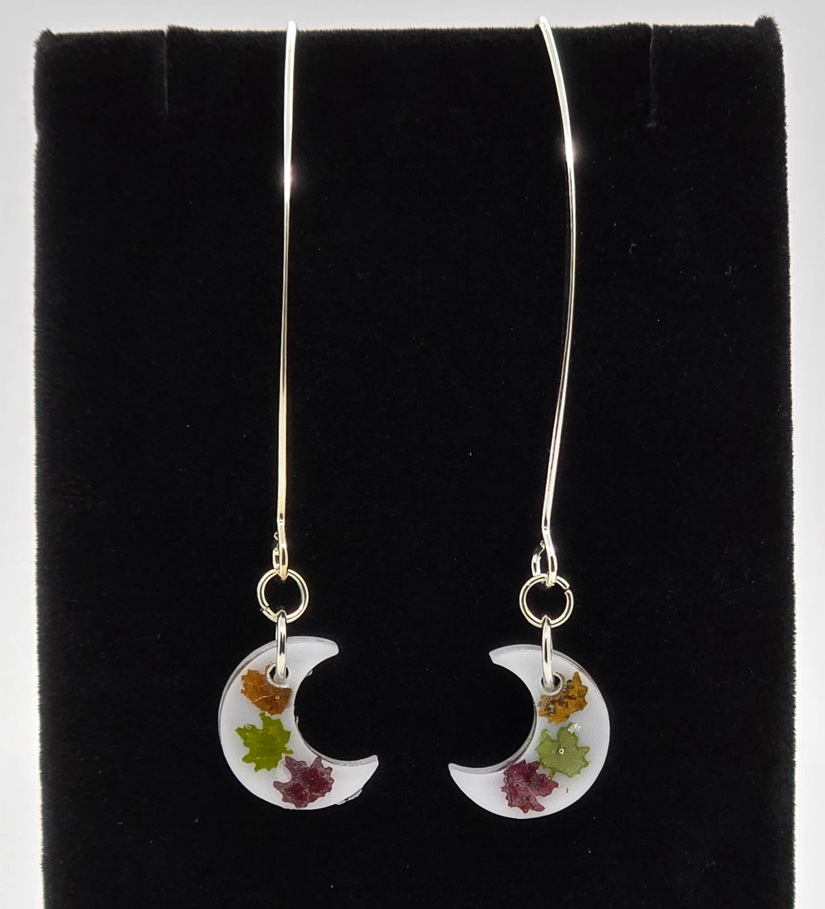 Mini Maple Leaf Moon Earrings | Real Fall Leaves on Silver V-Hooks