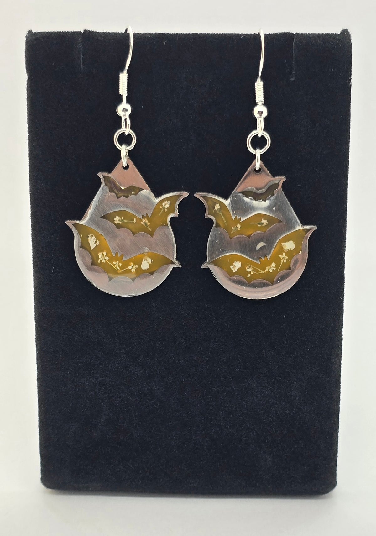 Bat Earrings | Orange Resin with Real Flowers, Silver Open-Back Bezel