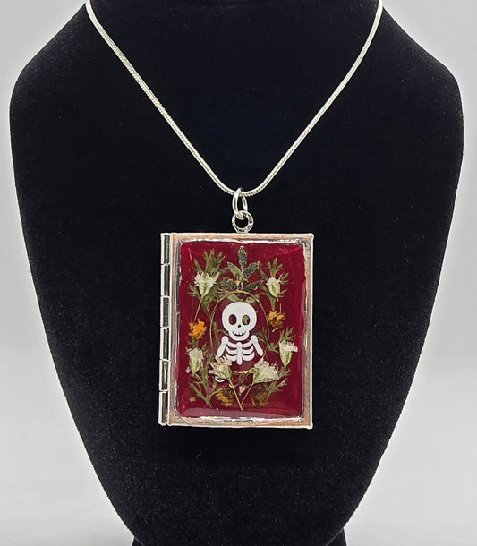 Skeleton Book Locket Necklace | Real Fall Leaves & Flowers, Opens to Hold Photos