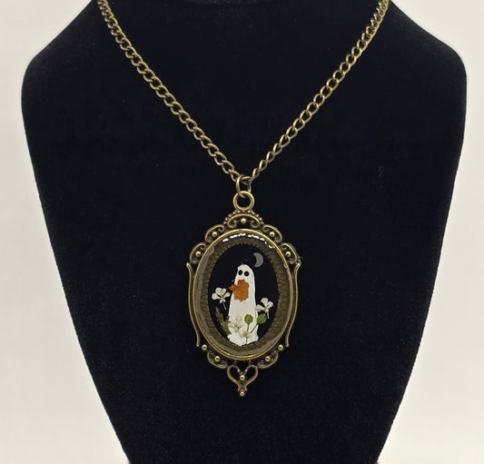 Hand-painted ghost pendant necklace with real Queen Anne’s lace flowers, set in an ornate vintage-style bronze mirror frame on an 18-inch chain